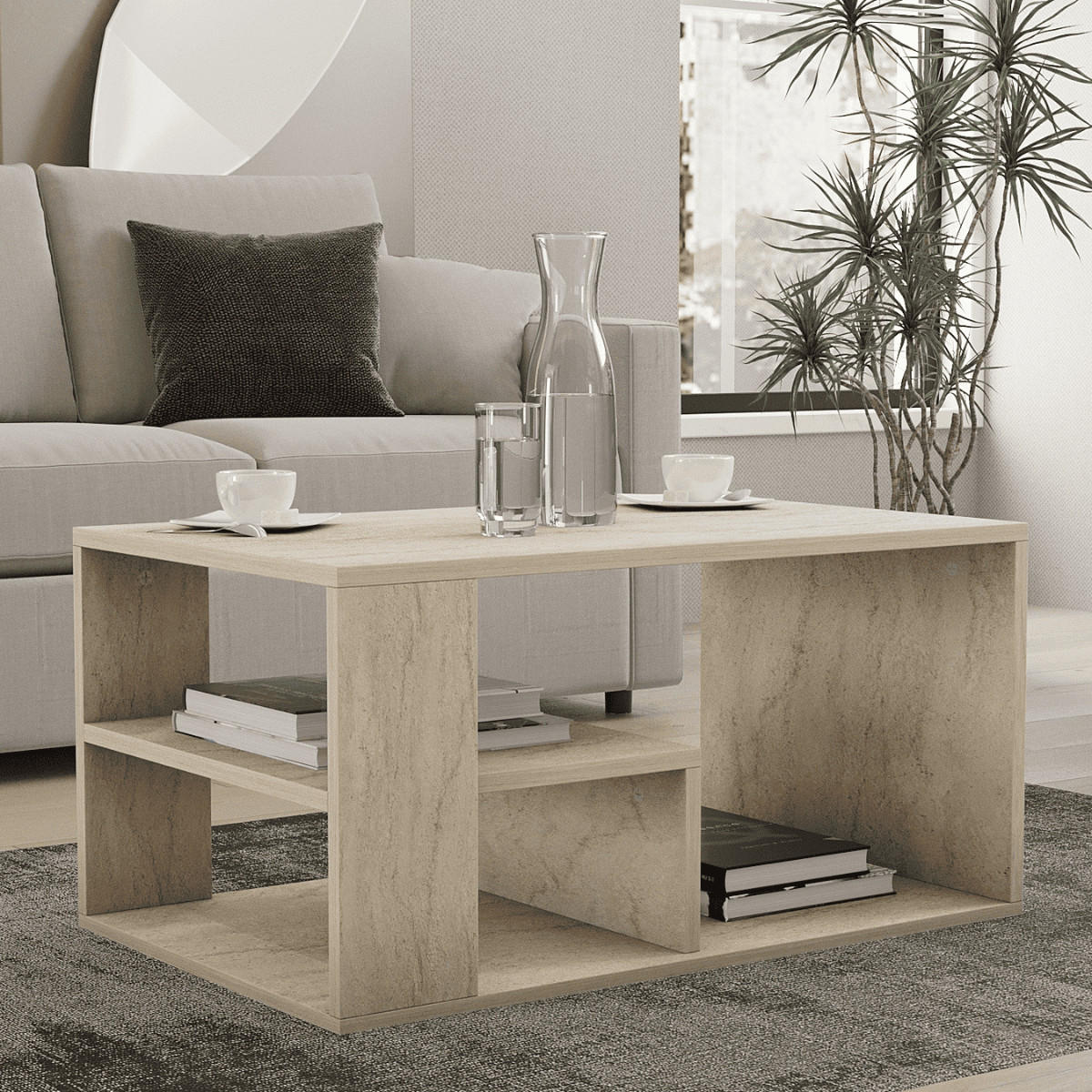 COUCHTISCH mit regalböden, travertin-dekor - eros 80/40/50 cm - Beige, Holzwerkstoff (56/40/50cm) - Calicosy