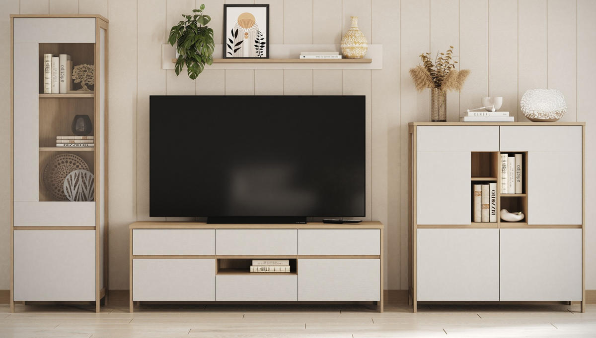 WOHNWAND weiß, Eiche 4-teilig 360 cm, Wohnkombination skandinavisch mit Soft-Close, Finnes - Eichefarben/Weiß, Holzwerkstoff/Metall (363/195/39cm) - Furn.Design