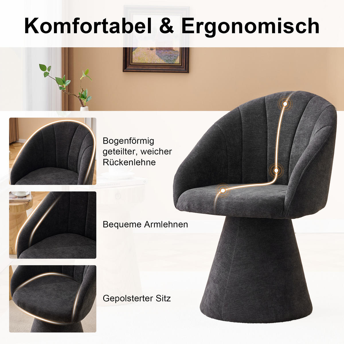 POLSTERSTUHL DE-36252 mit 360°-Drehung Grau - Grau, Holzwerkstoff (56/80/57cm) - ComfortXL