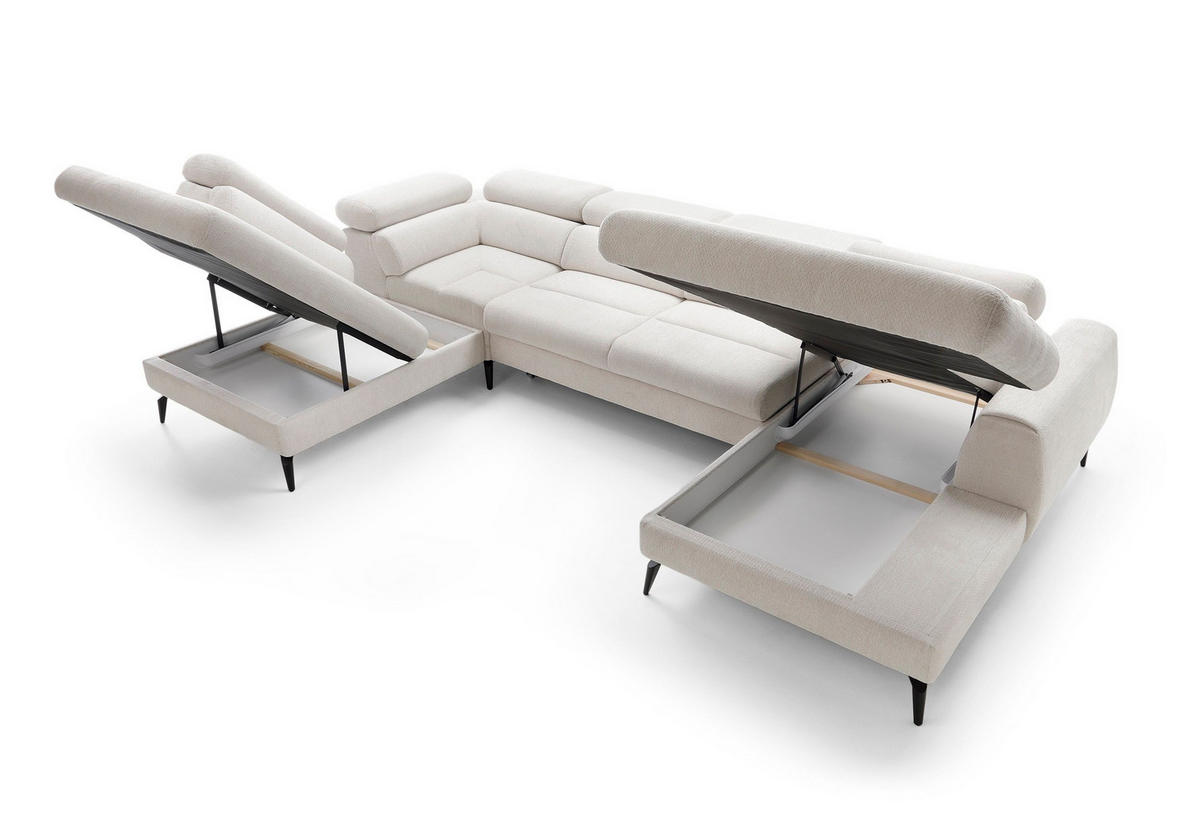 WOHNLANDSCHAFT NOTE Creme Chenille mit Schlaffunktion - Creme, Holz (345/93/257cm) - MASSENO