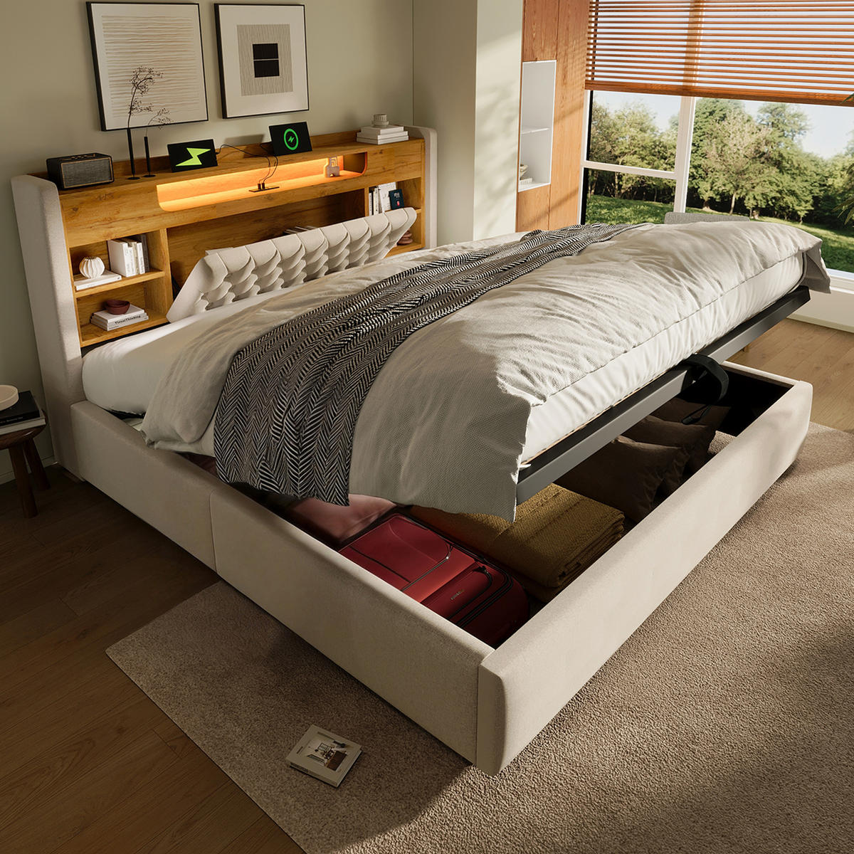 POLSTERBETT 160/200 cm in Beige mit Bettkasten, LED und USB-C - Beige, Holzwerkstoff/Textil (160/200cm) - WISHDOR