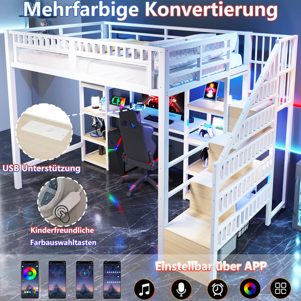 HOCHBETT 140x200cm Weiß Mit Schreibtisch USB & LED - Weiß, Metall - FLIEKS