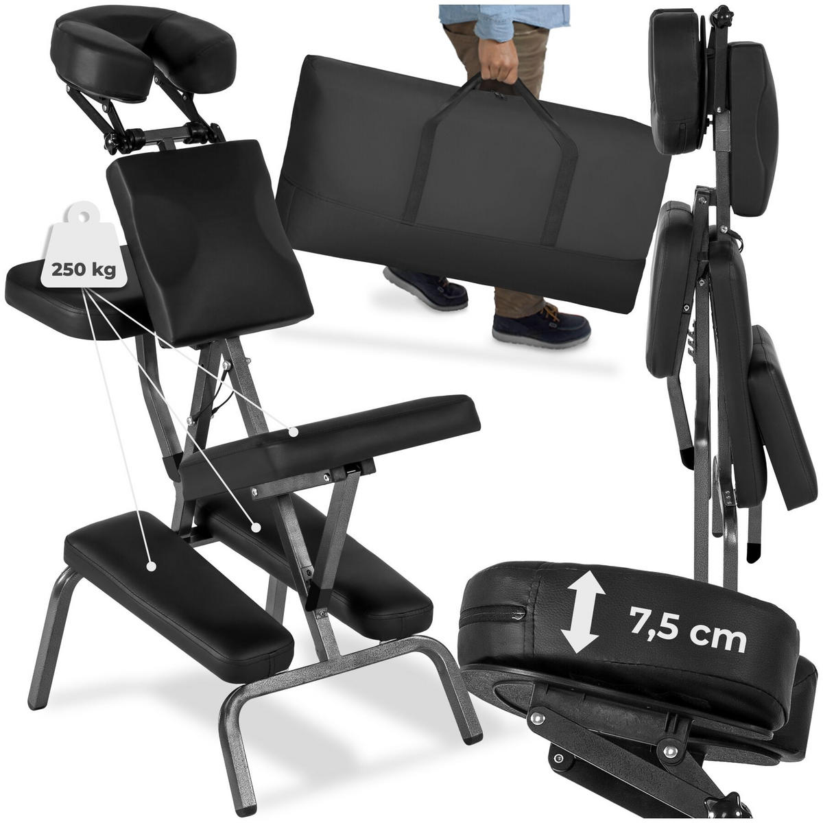 MASSAGESTUHL , 80 x 50 x 105 cm, schwarz - Schwarz, Metall (50/105/80cm) - tectake
