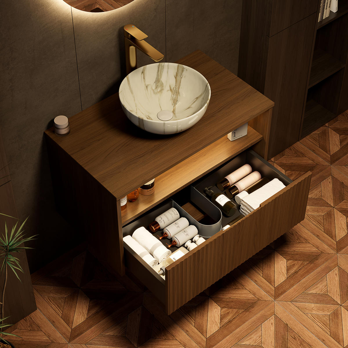 WASCHTISCHKOMBI 80x46x60.8cm in Braun mit Massivholzfront, Waschbecken & Sensor-LED - Braun, Keramik (80/60.8/46cm) - Modfu