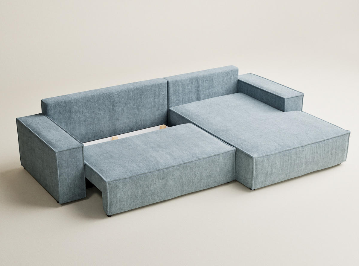 ECKSOFA Maze Hellblau Chenille-Stoff - Rechts Seite - Schwarz/Hellblau, Holz/Holzwerkstoff (294/185cm) - Maison de Reve