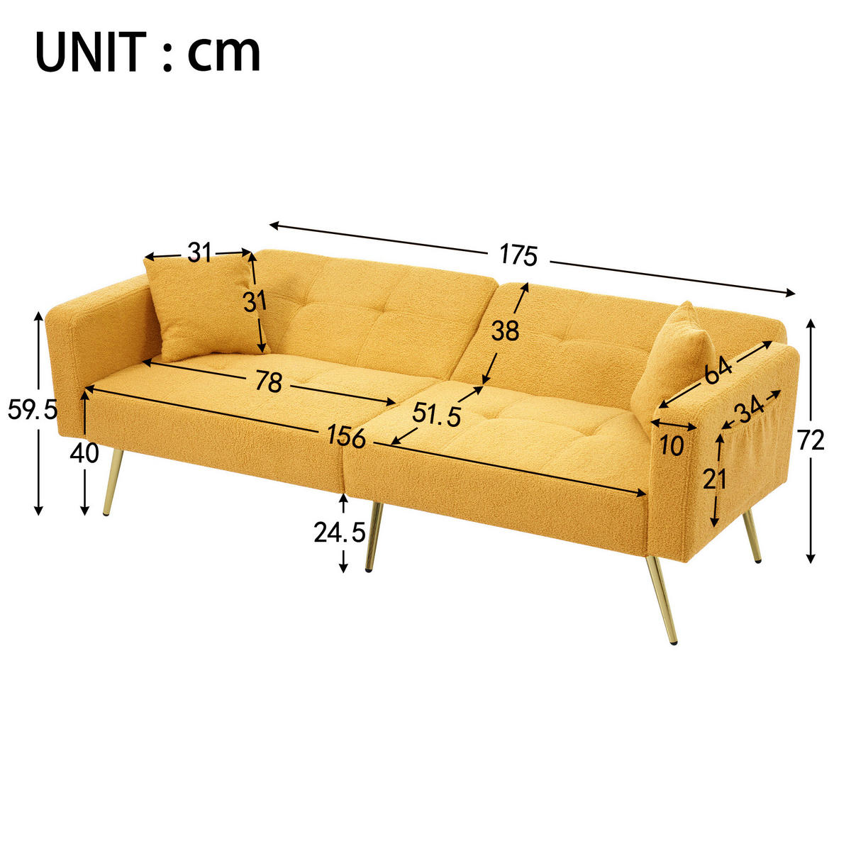 SCHLAFSOFA aus Sherpa 175x64x72 cm in Gelb mit Schlaffunktion & Seitentaschen - Gelb, Textil (175/72/64cm) - Modfu