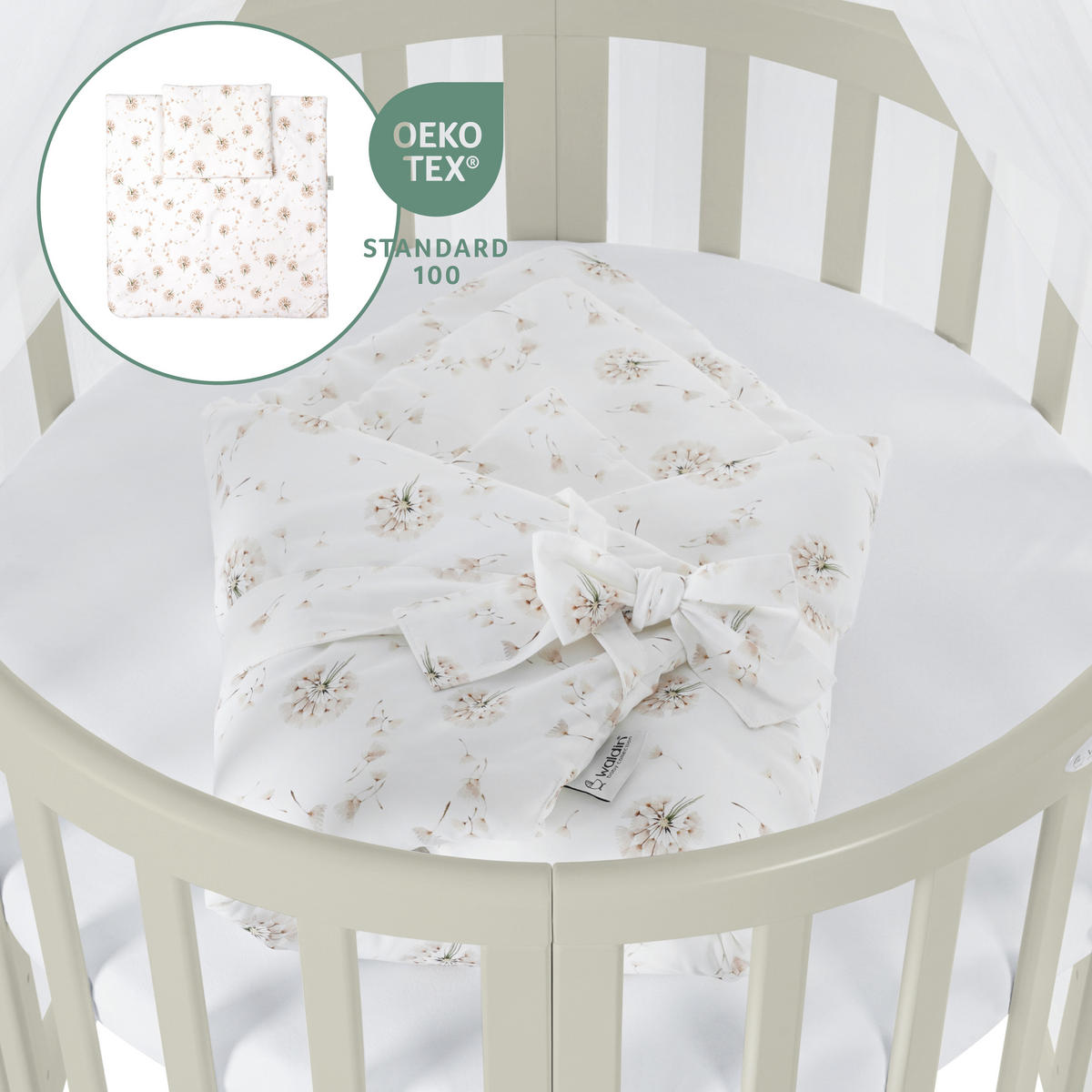BABYBETT OLIVE OVAL 7in1 mit Matratze und Himmelset - Olivgrün/Weiß, Holz/Textil