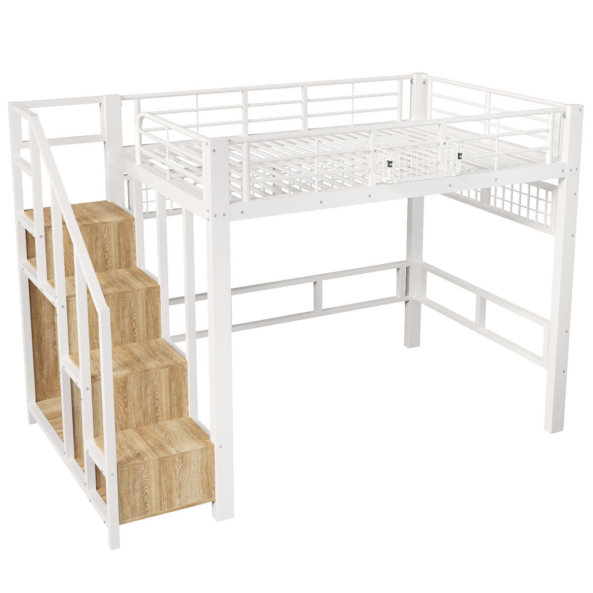 HOCHBETT 140/200 cm mit Metallgestell Weiß, Stauraumtreppe, Aufhänggitter und LED-Licht - Weiß, Metall