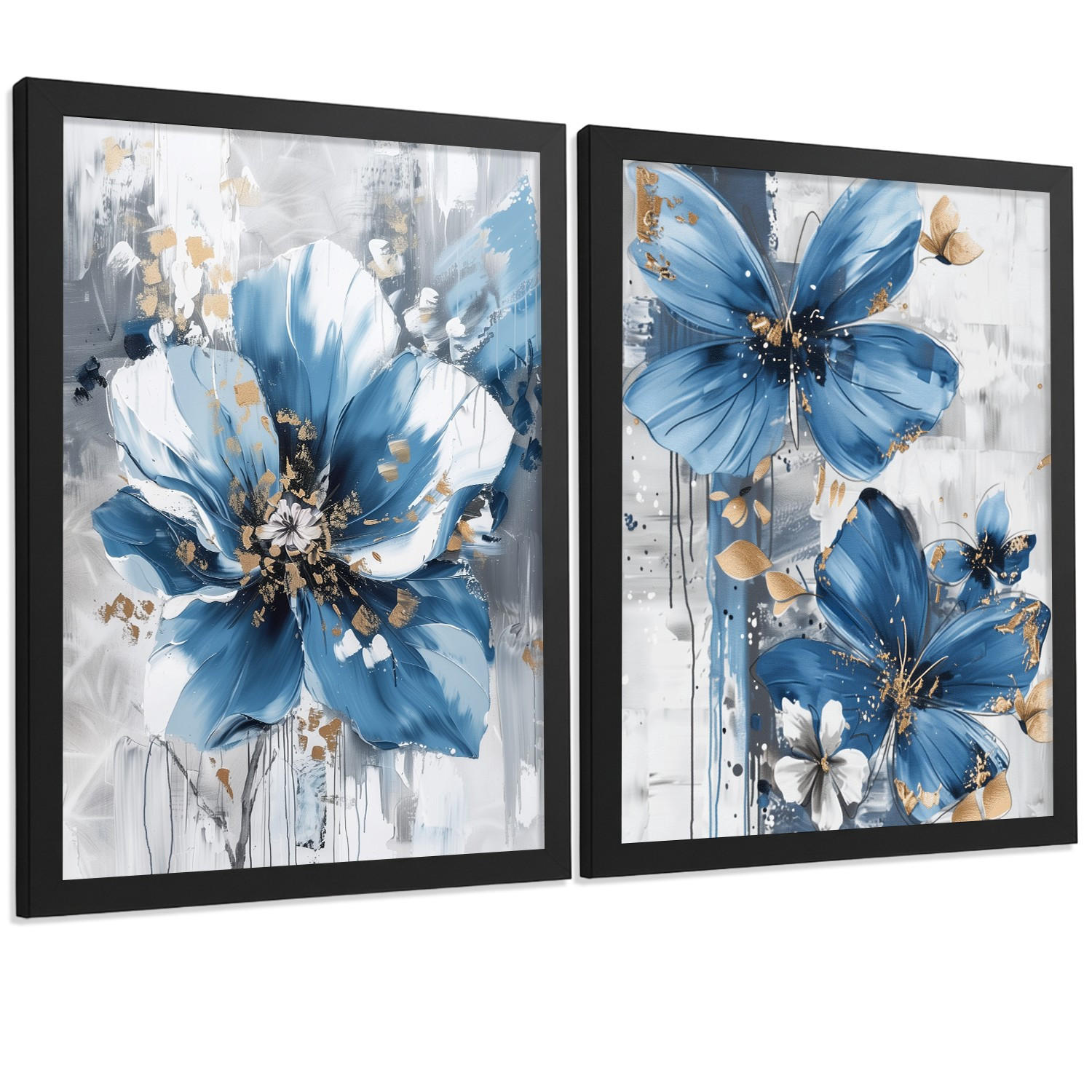 POSTER 2er-Set Wandbilder Blumen Blau Braun modern Wohnzimmer Deko, Schlafzimmer, Küche, Badezimmer Schwarzer Rahmen A3 - Schwarz, Papier (29.7/1/42cm) - Nacnic