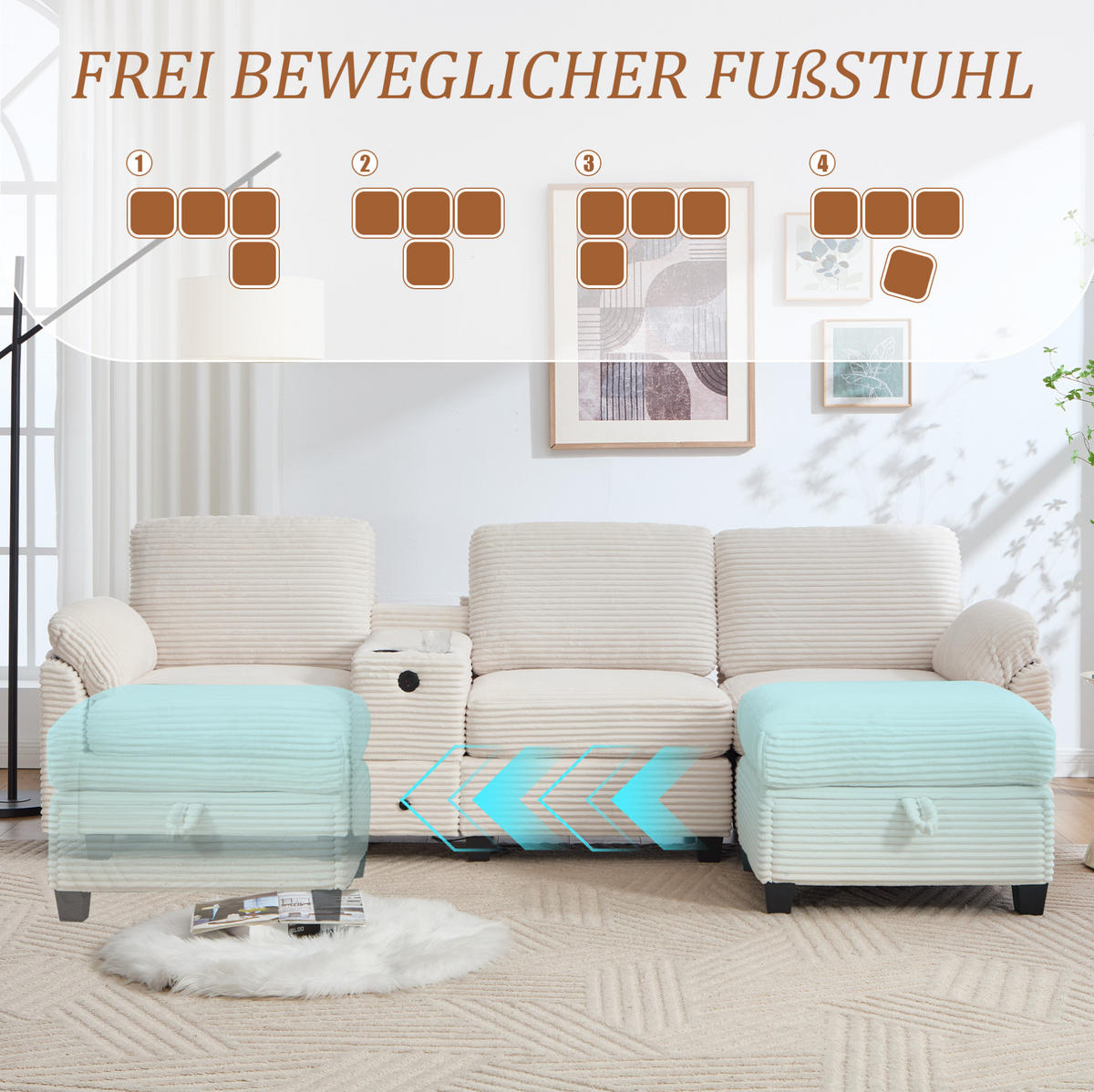 ECKSOFA Cord mit Memory Foam USB-Anschluss und Stauraum 266/136/82 cm Beige - Beige, Textil (136/82/266cm) - Redom