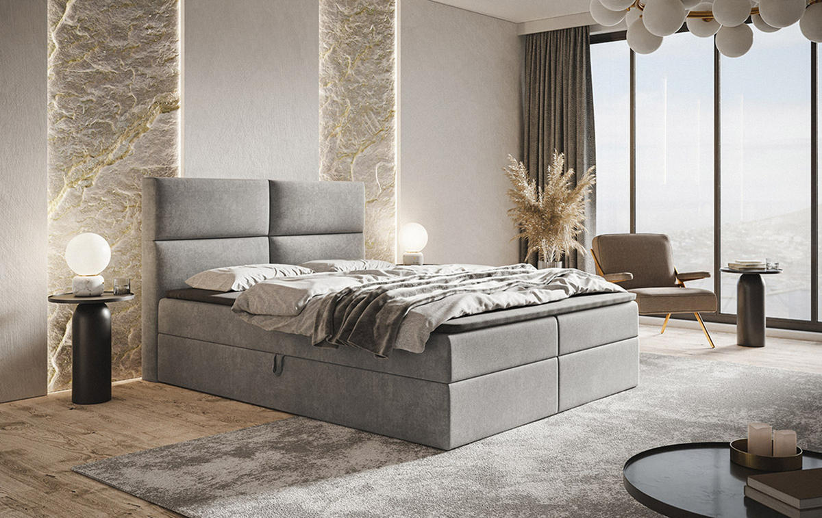 BOXBETT Bonio III 160/200 cm in Hellgrau – mit Bettkasten und Topper - Hellgrau/Schwarz, Holz/Holzwerkstoff (160/200cm) - AX Living