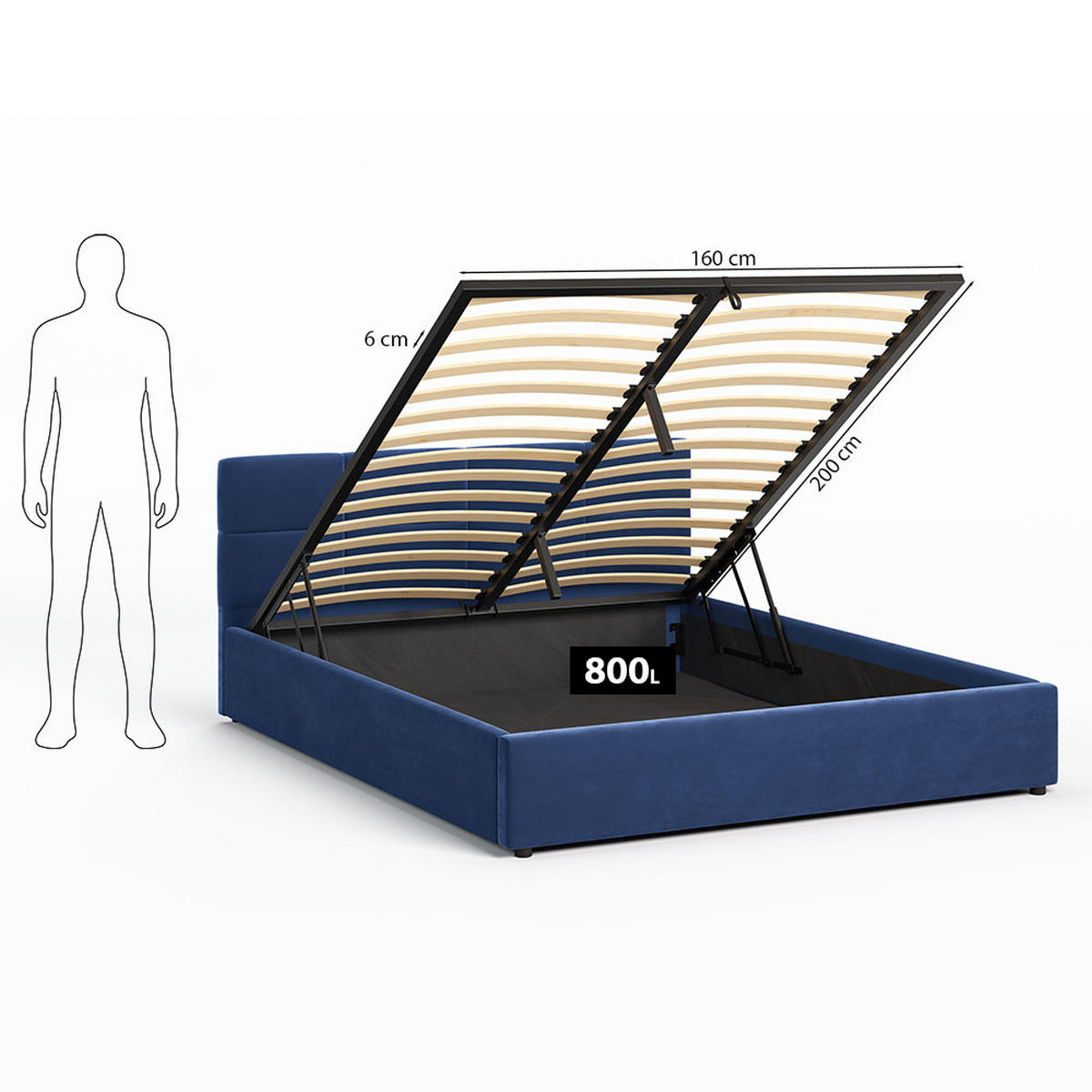 POLSTERBETT 160×200 mit Bettkasten und Lattenrost Mika HLR-64 Blau Velours - Blau, Holz (160/200cm) - Jana