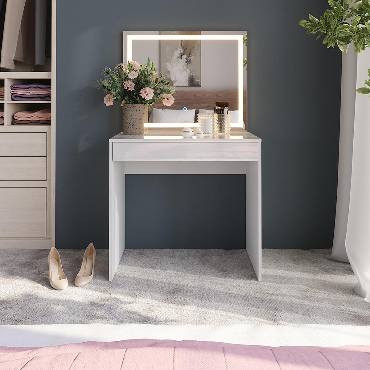 SCHMINKTISCH Sherry Weiß/Weiß Hochglanz 81.4 cm mit LED-Spiegel - Weiß Hochglanz, Holzwerkstoff (81.4/76/50.1cm) - Vicco