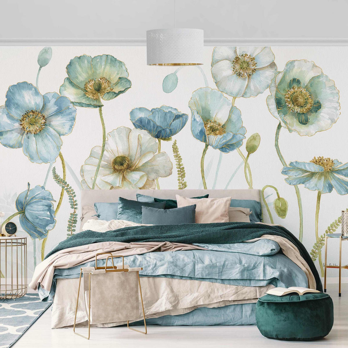 FOTOTAPETE Blüten in Gold und Blau 384/255 cm - Pastellblau, Papier (384/255cm) - Bilderwelten