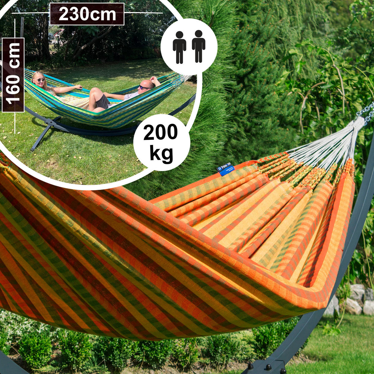 HÄNGEMATTE mit Gestell, 2 Personen, XXL, 200 kg, Metall, Morena Orange, einfache Montage - Orange, Metall (370/130/120cm) - Potenza