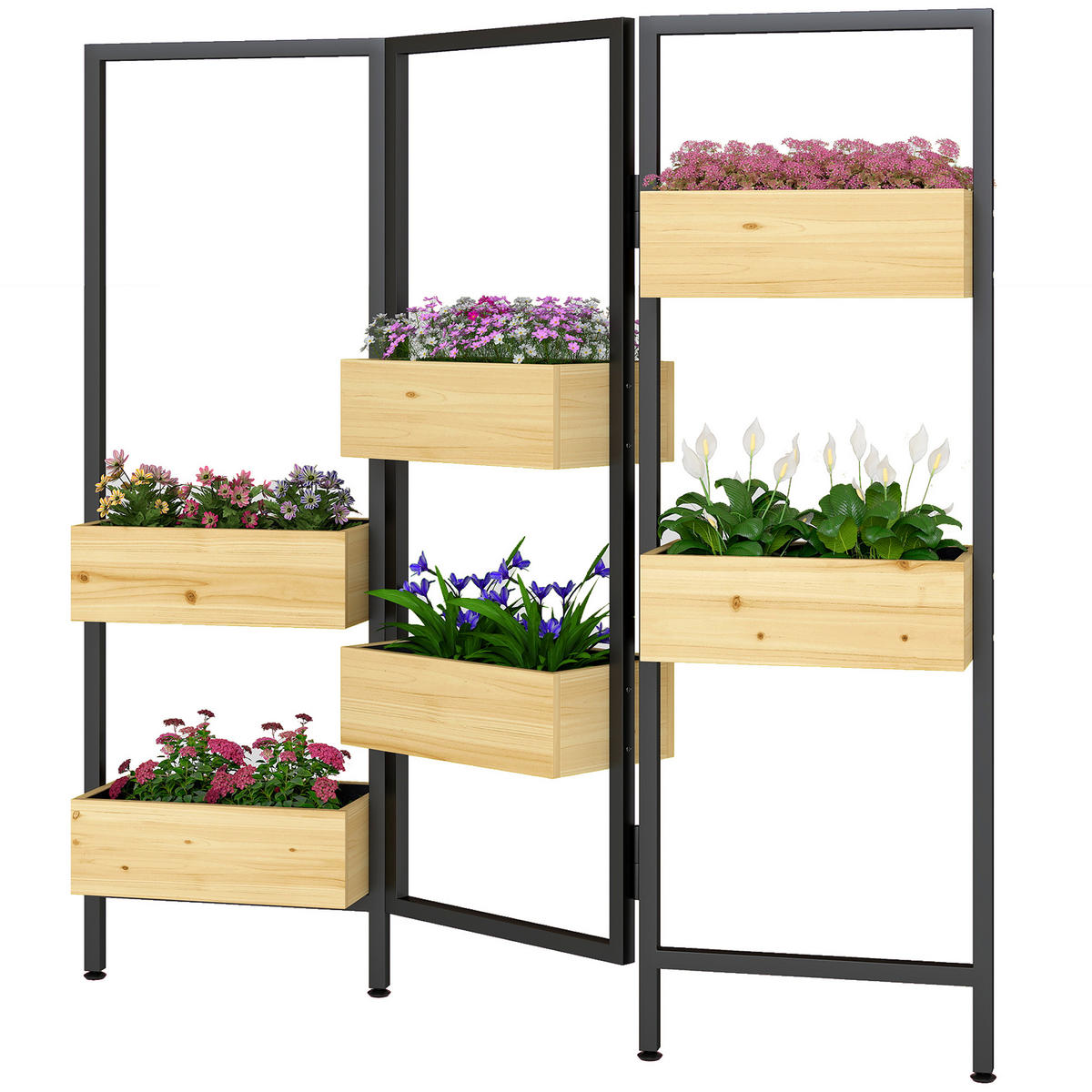 HOCHBEET DE-12296 mit 6 Pflanzenkübeln klappbar, 3-teilig Natur - Naturfarben, Holz (116/112/20cm) - ComfortXL