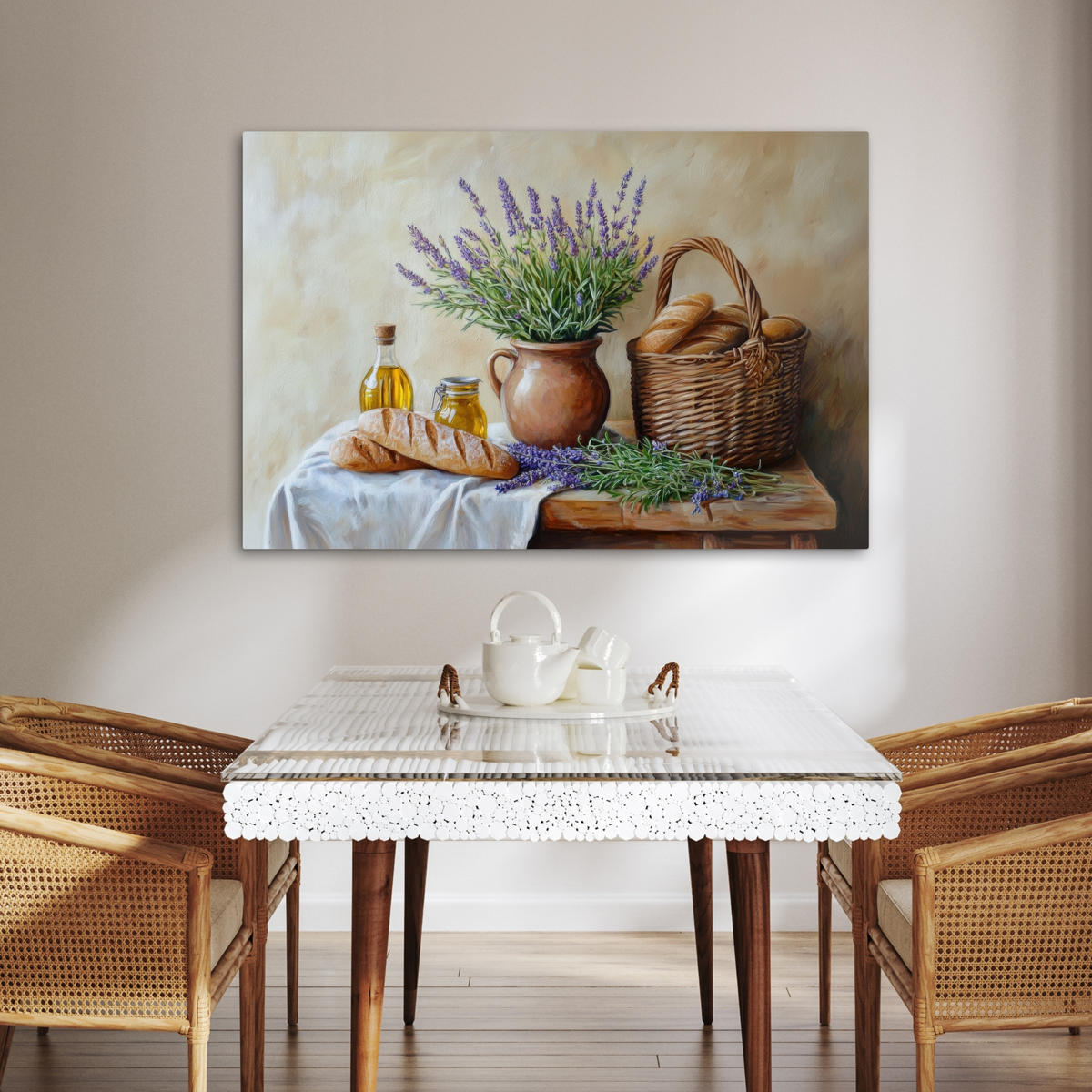 LEINWANDBILD Lavendel - Brot - Stilleben Wohnzimmer 120x80 cm - Flieder, Textil (120/80cm) - MuchoWow