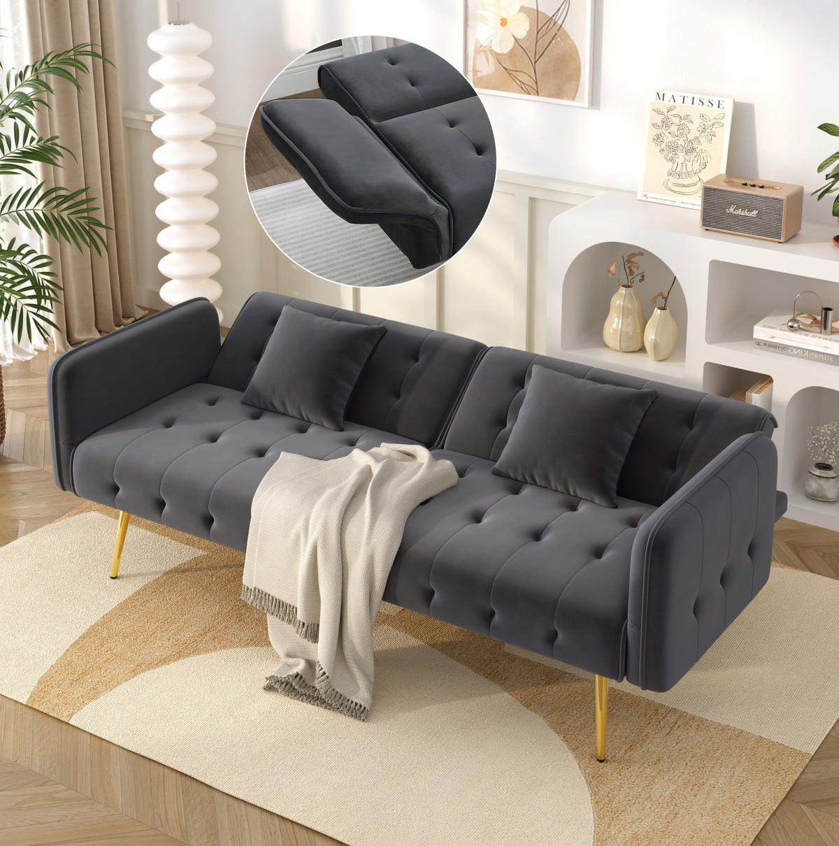 SCHLAFSOFA 2-Sitzer mit Liegefunktion 215 x 81,5 cm Velours Antique Gray - Grau, Kunststoff (178/70/82cm) - Meubliv