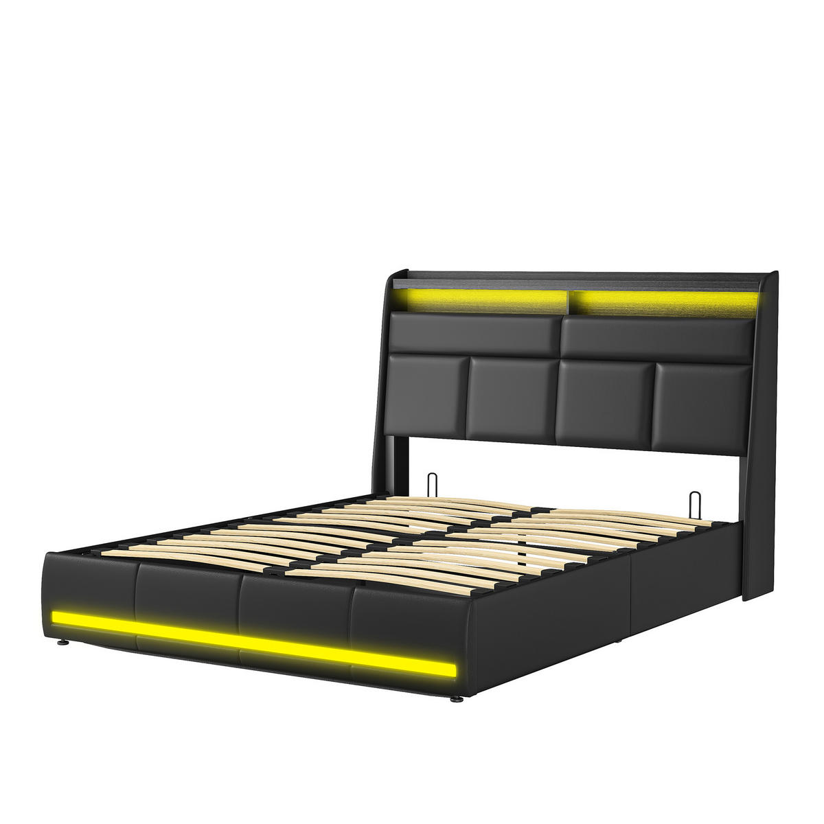 POLSTERBETT 160x200 cm, Schwarz, Doppelbett mit LED-Beleuchtung - Schwarz, Textil/Metall (160/200cm)