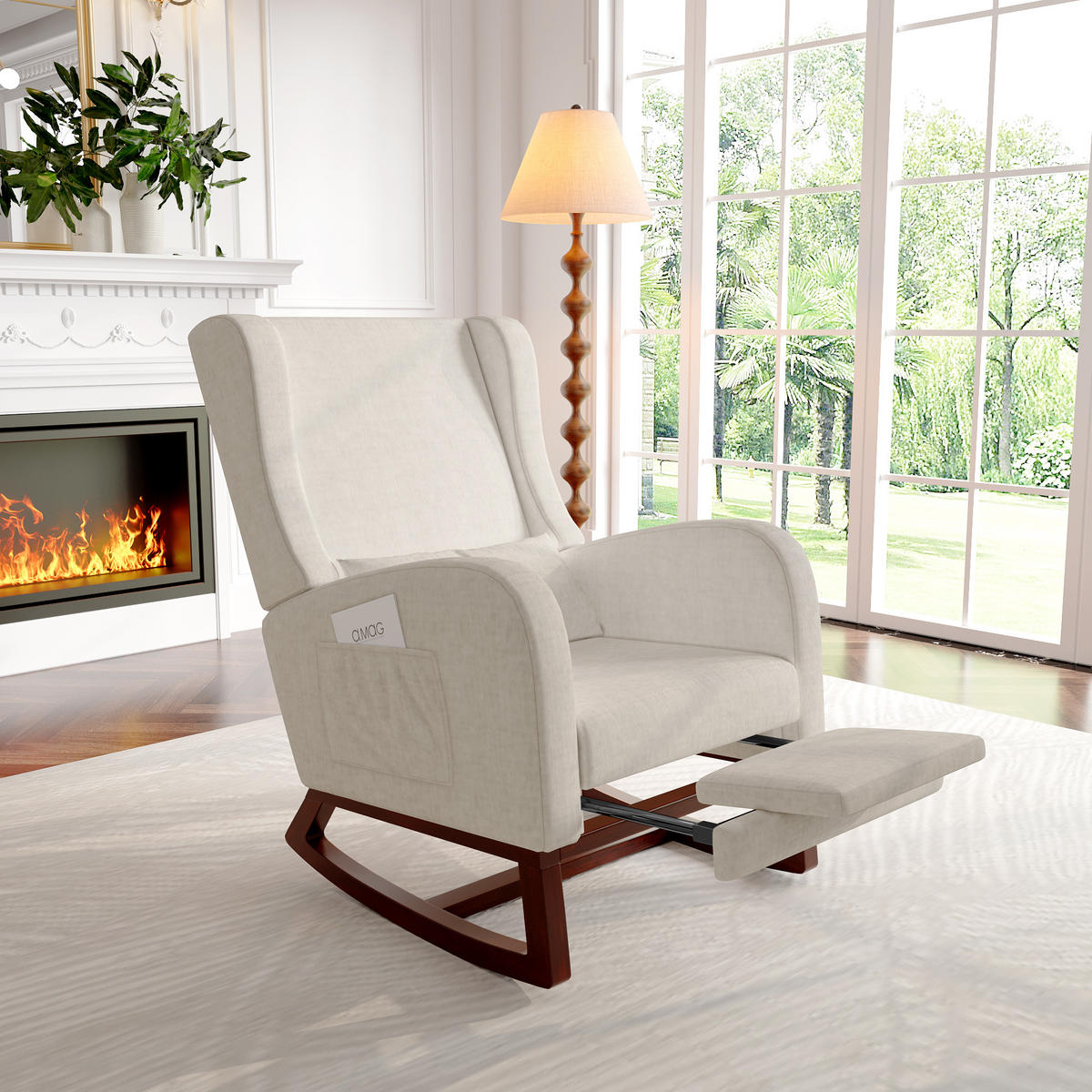 SCHAUKELSTUHL mit Beinauflage, Schaukelsessel mit Seitentaschen, Baumwolle und Leinen, Beige - Beige/Naturfarben, Holz/Textil (67/99/64cm) - BPKADHY
