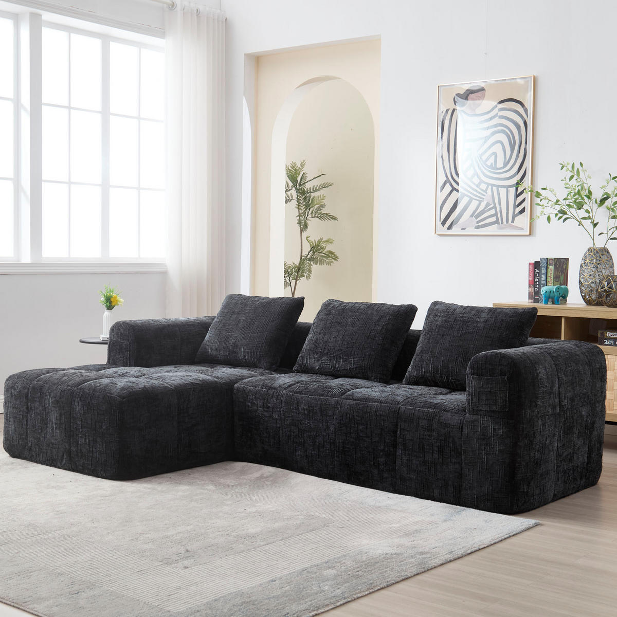 SOFA mit Chaiselongue 250 x 158 cm Chenille Black - Schwarz, Textil (158/250cm) - Meubliv