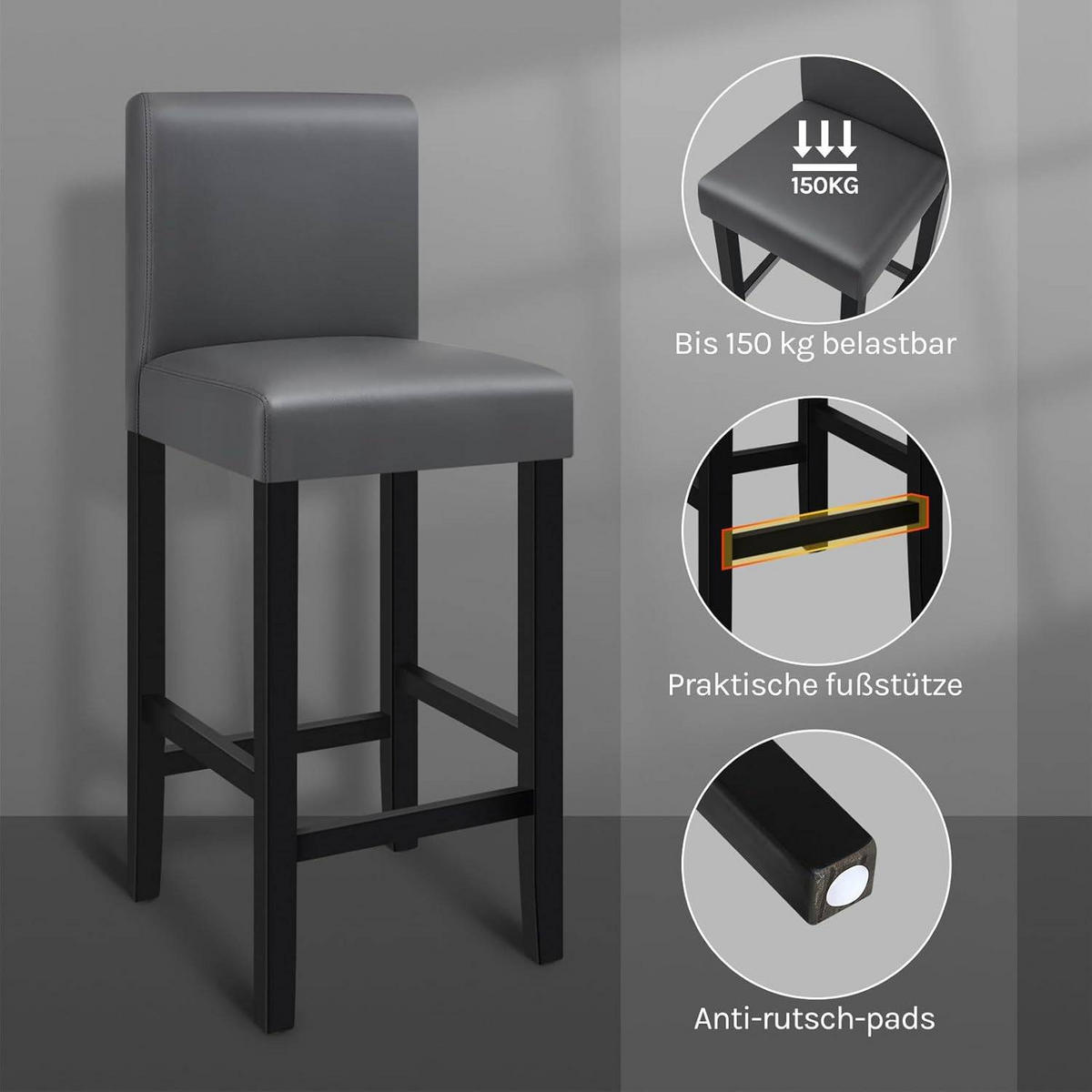 BARHOCKER 2er Set, Massivholz, Antirutschgummi, Kunstleder - Grau, Holz (41.5/110.5/48cm) - Woltu