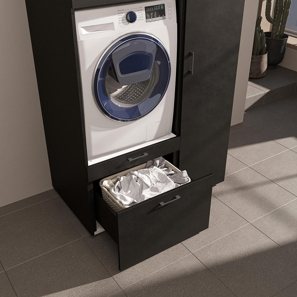 WASCHMASCHINENSCHRANK Serie 2 112cm Breit, 240cm Hoch - Schwarz, Holzwerkstoff (112/240/67cm)