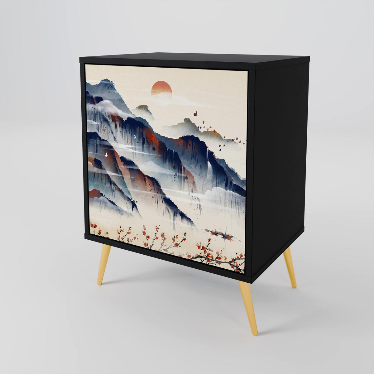 SIDEBOARD JAPANESE LANDSCAPE, Schwarz, 57,5x42x70,5 cm, Schwarze Metall-Sternfüße - Multicolor/Schwarz, Holzwerkstoff/Metall (57.5/70.5/42cm) - SpaceRebels