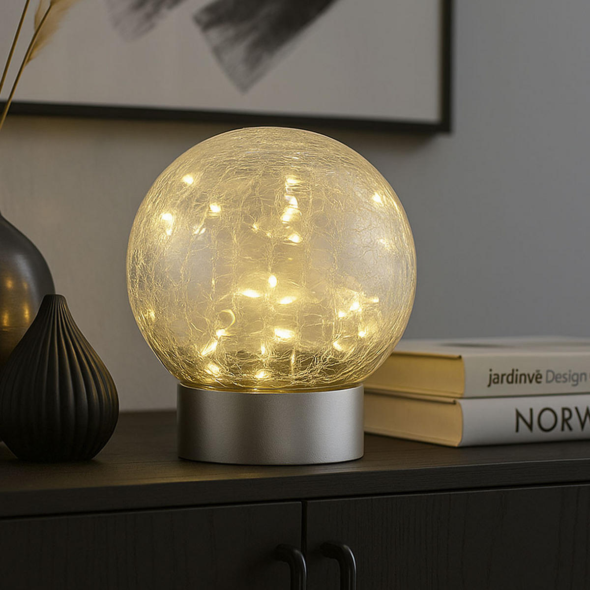 LED TISCHLEUCHTE SOONA Silber Glas Crackle - Silberfarben, Glas (12/12/13.5cm) - Globo Lighting