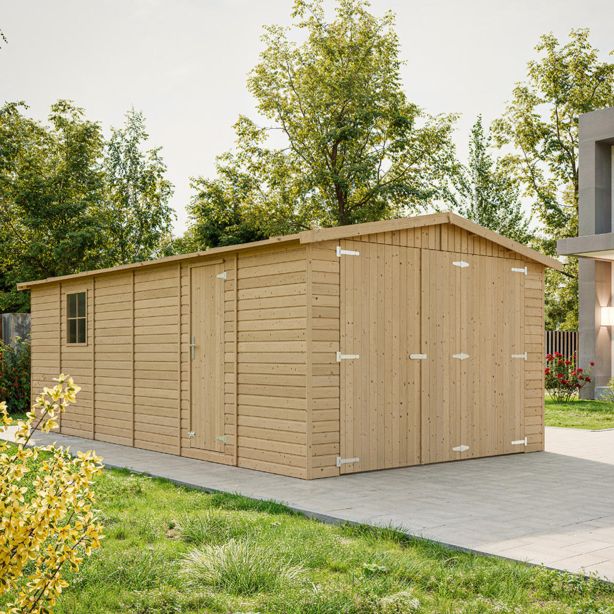 HOLZGARAGE Abstellraum mit Fenstern- H222x616x324 cm /18 m2 - TIMBELA M102 - Naturfarben, Holz (303/183/591cm) - Timbela