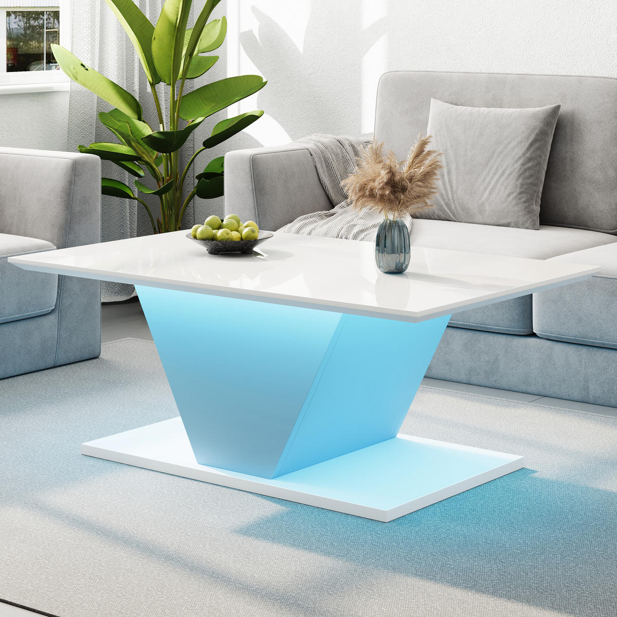 COUCHTISCH, V‑Form, weiß mit Hochglanz-Tischplatte und steuerbarer LED-Beleuchtung, 100/50/46 cm,weiß - Weiß, Holzwerkstoff (100/50/46cm) - Redom