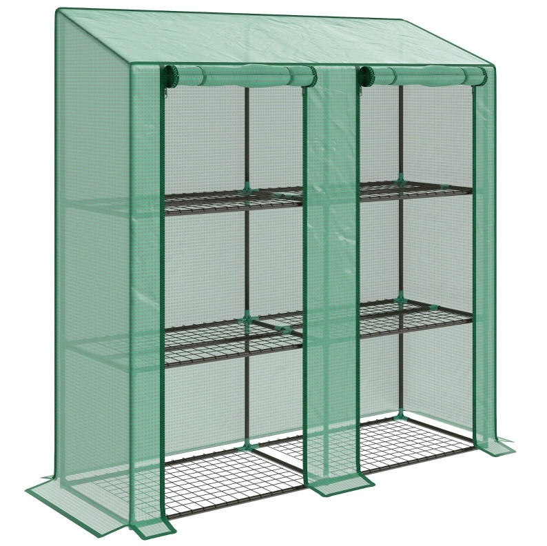 Modfu BALKONOVÝ skleník z oceli 143x46x141/151 cm zelený se 6 drátěnými policemi, 2 rolovacími dveřmi a zesíleným krytem
