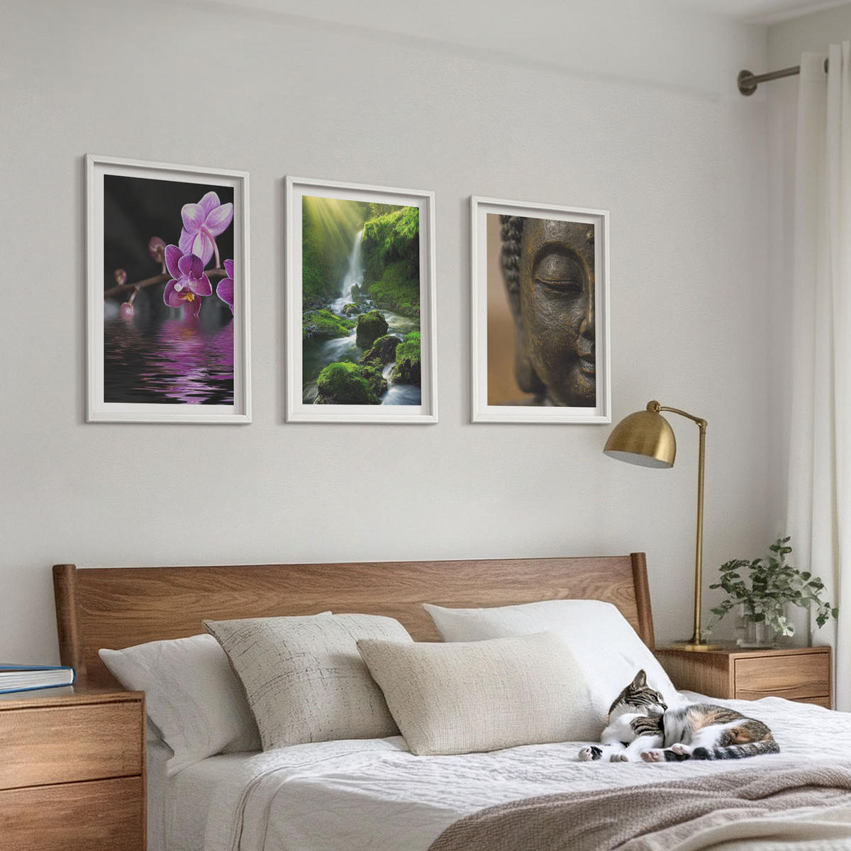 WANDBILDER 3er-Set - 40x60 cm Weißer Rahmen - Blumen, Wasserfall, Buddha-Felsen, Zen - Weiß, Kunststoff (40/60cm) - ArtPrintCave