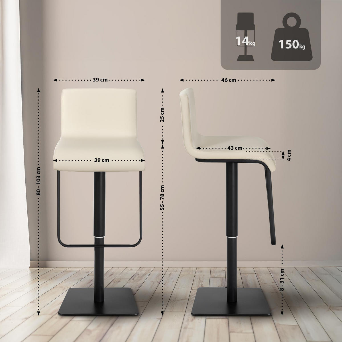 BARHOCKER 2er Set Lederlook Creme - Creme/Schwarz, Textil/Metall (41/80/46cm) - CLP