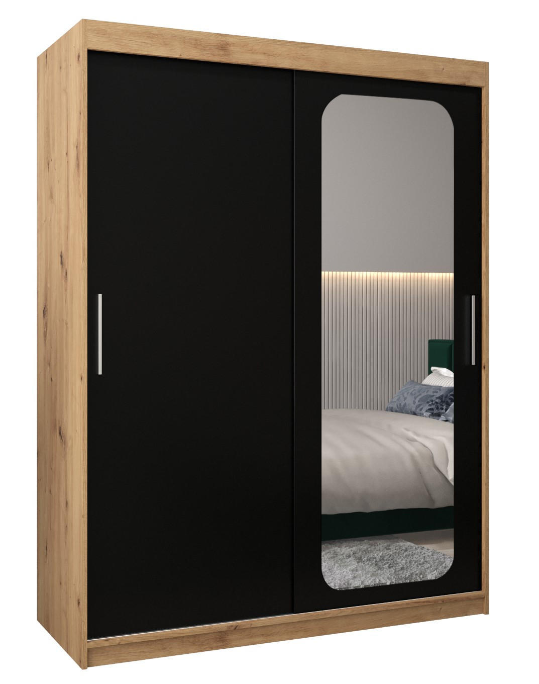 Abiks Möbel SCHWEBETÜRENSCHRANK Eiche Artisan, Schwarz 150cm × 62cm × 200cm