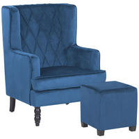 SESSEL Samtstoff blau plus Hocker Sandset - Blau, Textil (72/103/75cm) - Beliani