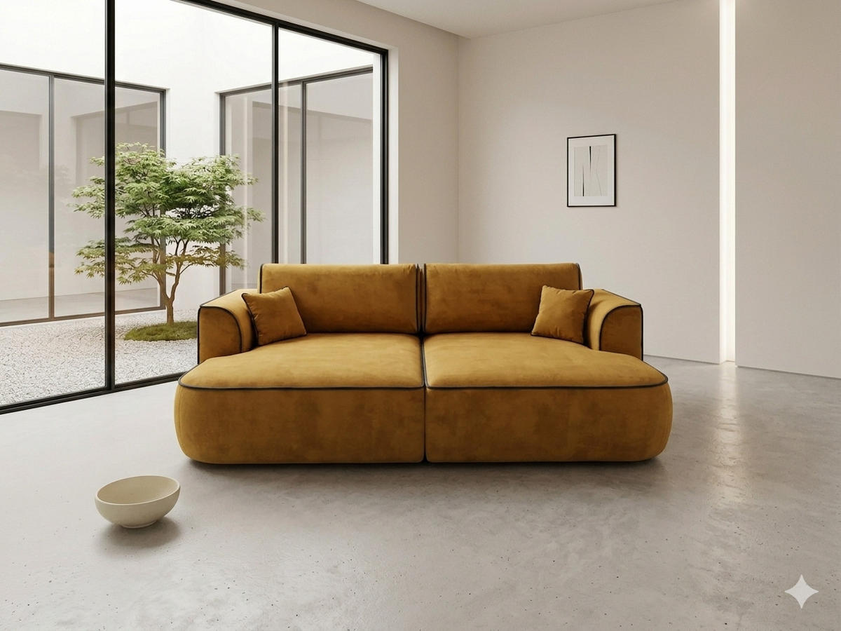 BIGSOFA COZI, Gelb mit dunkelblauem Keder, Matt Velvet - Gelb, Kunststoff/Textil (240/87/180cm) - KS Home Concept