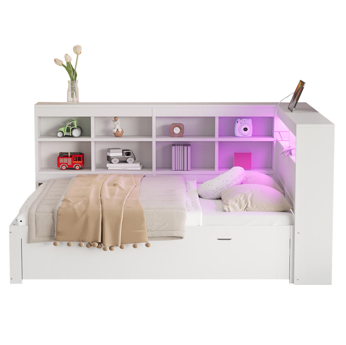 KREVET 140/200 cm s USB priključkom, LED osvjetljenjem i velikim spremištem, Bijela - bijela, drvni materijal (140/200cm) - Redom