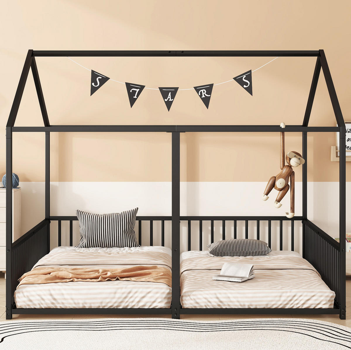 ETAGENBETT 90/200 cm mit Leiter, Sicherheitsgeländer und Hausform aus Metall, Schwarz - Schwarz, Metall (90/200cm) - Redom