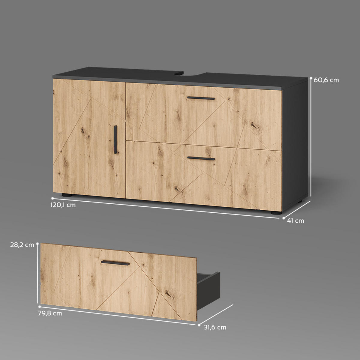 VANITY ENOTA ZA UMIVALNIK Ronco, Antracit/Obrtniški hrast, 120.1 x 60.6 cm z 2 predaloma in 1 vrati - antracit/hrast artisan, leseni material (120.1/60.6/41cm) - Livinity®