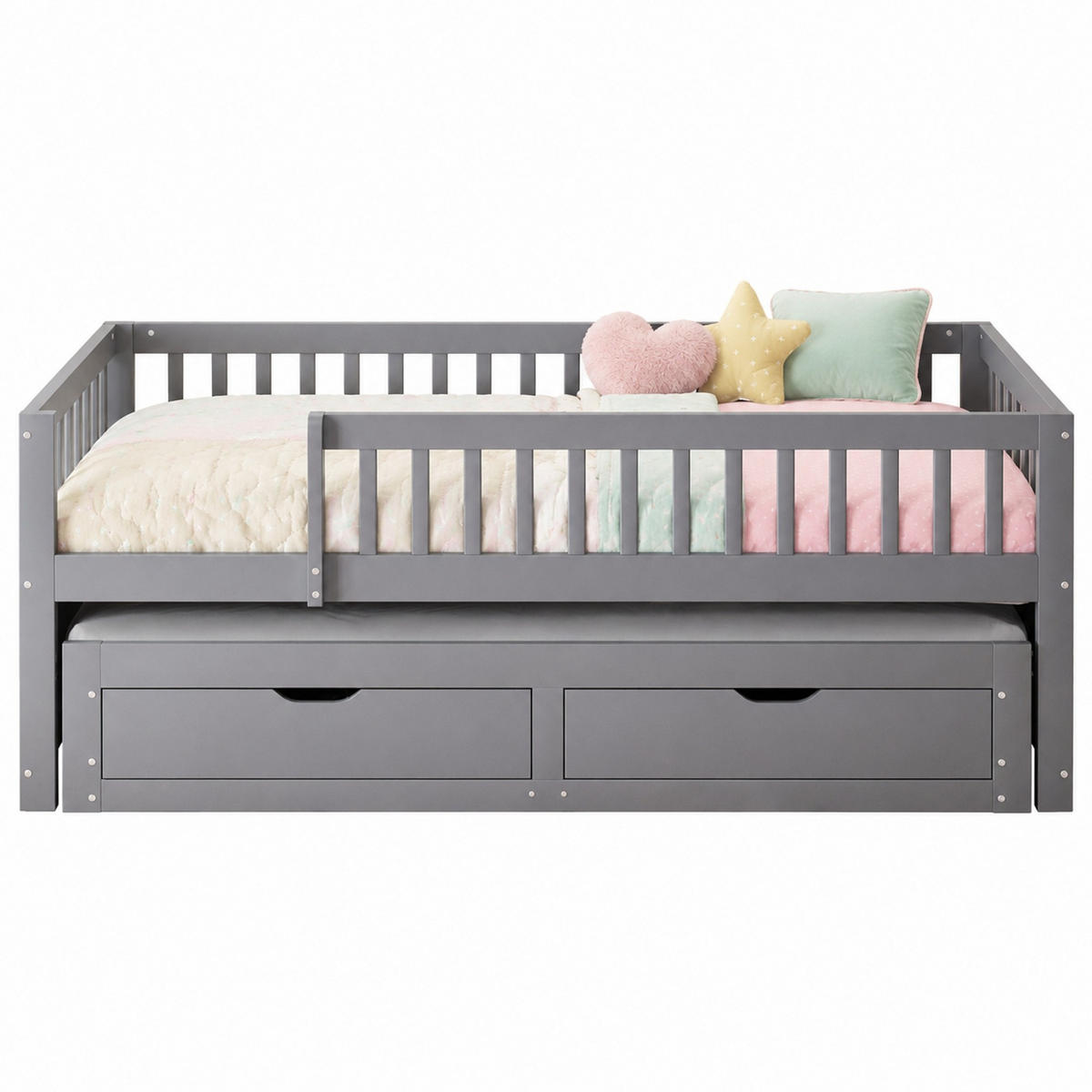 BETT 90/200 mit Ausziehbett, Sicherheitsgitter, 2 Schubladen und Lattenrost in Grau - Grau, Holzwerkstoff (90/200cm) - EVRYAE