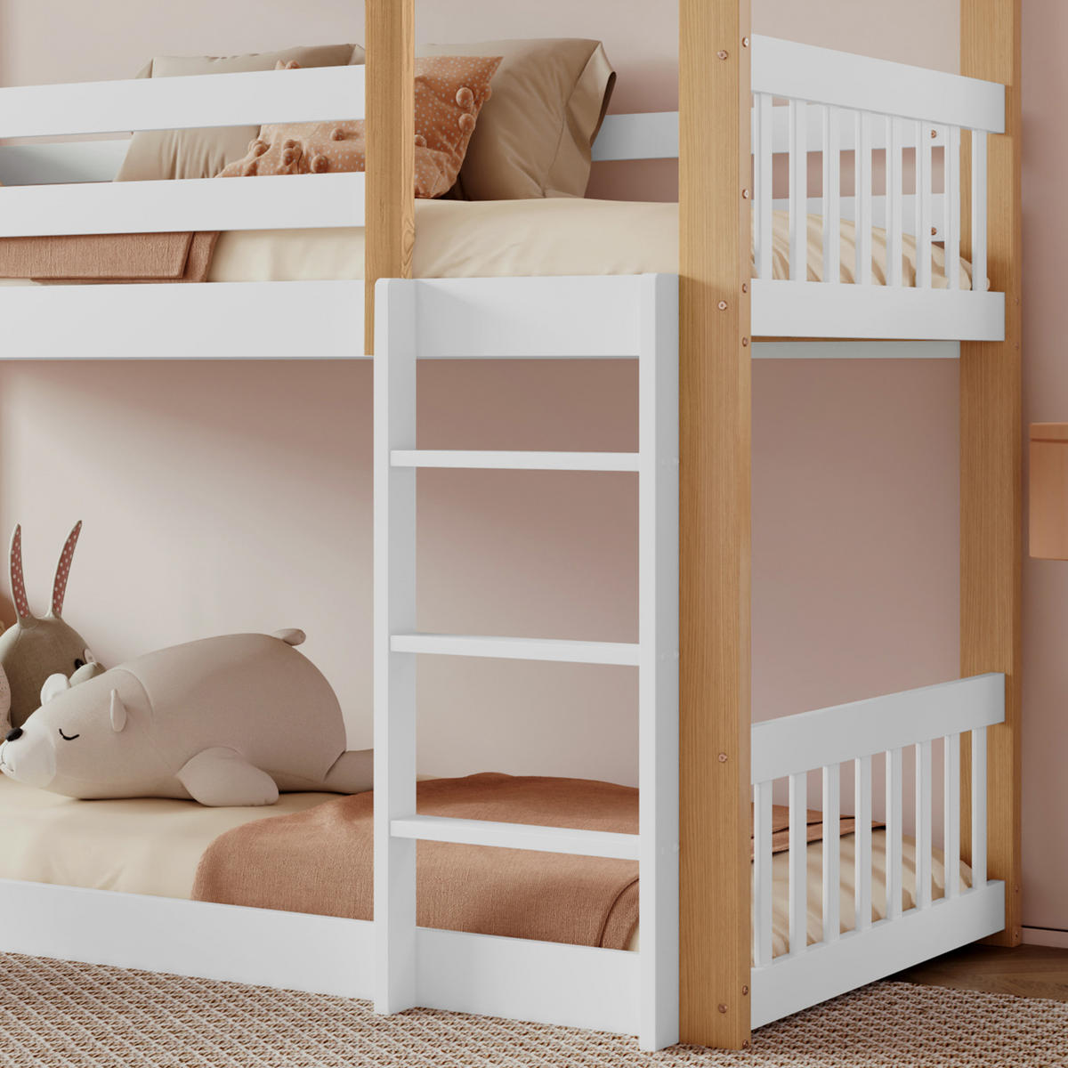 ETAGENBETT 90/200 cm in Weiß & Natur Kinderbett mit Rutsche und Treppe aus Massivholz - Weiß/Naturfarben, Holzwerkstoff (90/200cm) - STILVORA