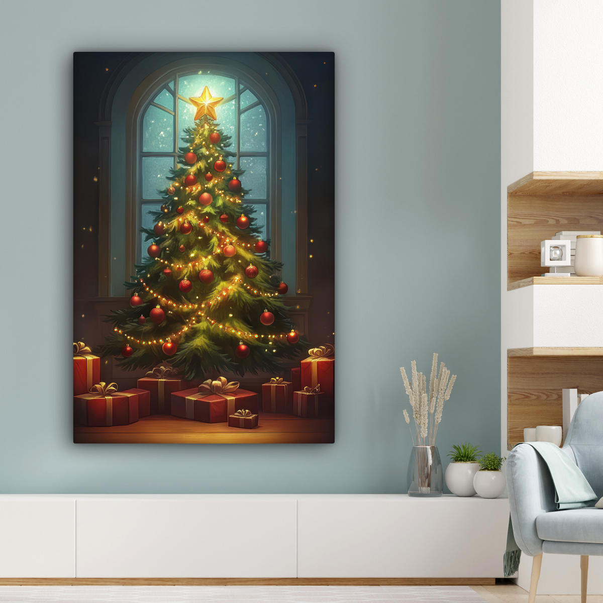 LEINWANDBILD Weihnachtsbaum - Geschenk - Winter 90x140 cm - Grün, Textil (90/140cm) - MuchoWow