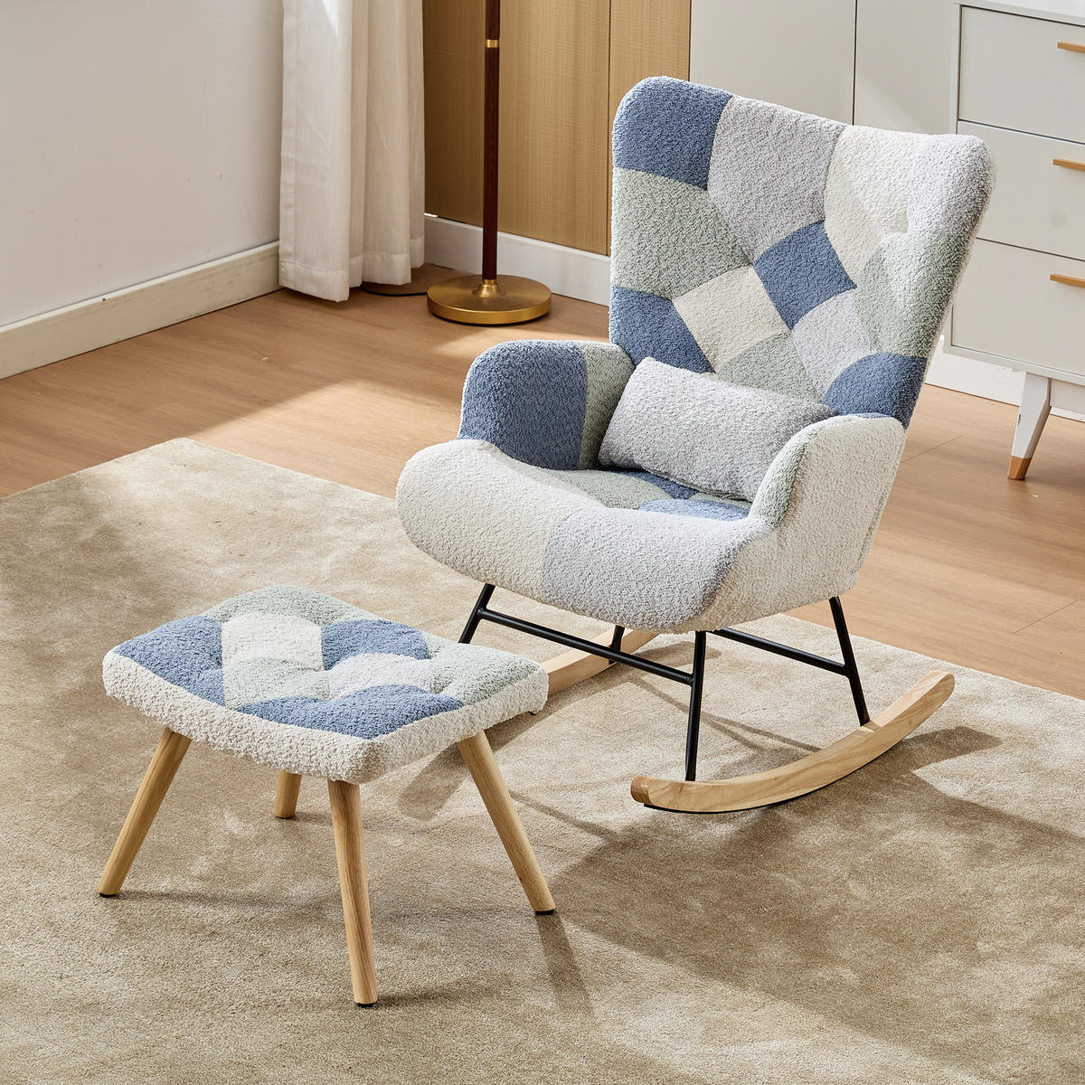 SCHAUKELSTUHL 84/68/91 cm Beige-Blau mit Fußhocker - Multicolor, Textil (68/91/122cm) - Oxeza