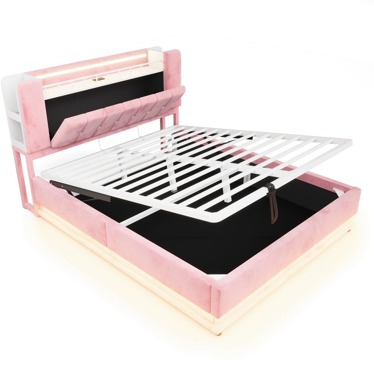 POLSTERBETT aus MDF, Metall und Samt 160x200 cm Rosa mit LED, USB-Anschlüssen und hydraulischem Bettkasten - Pink, Textil (160/200cm) - Modfu