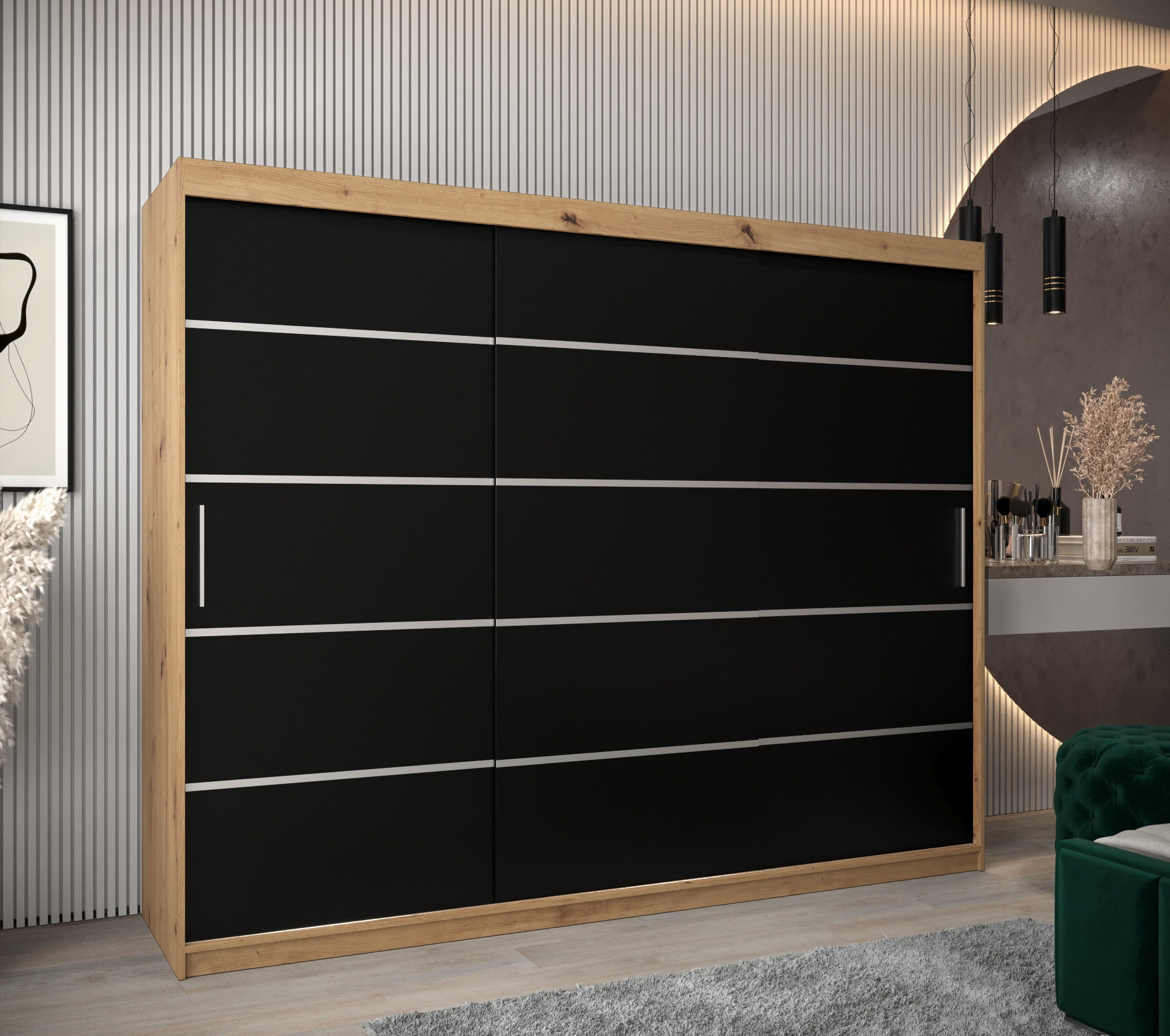 SCHWEBETÜRENSCHRANK 200/250/62 3-türig - Silberfarben/Schwarz, Holz/Kunststoff (250/200/62cm) - MÖBEL KRYSPOL