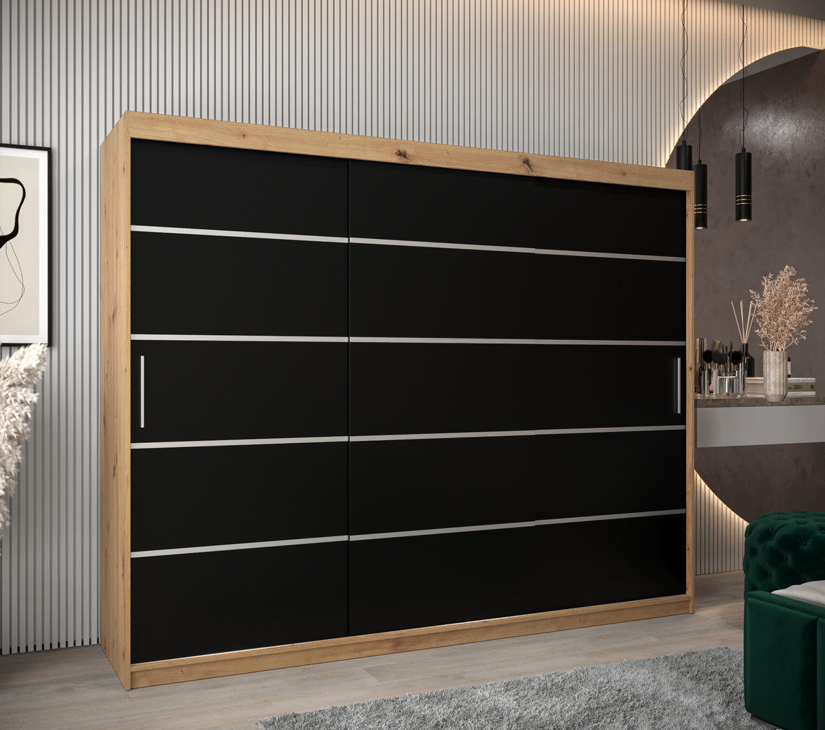 SCHWEBETÜRENSCHRANK 200/250/62 3-türig - Silberfarben/Schwarz, Holz/Kunststoff (250/200/62cm) - Abiks Möbel