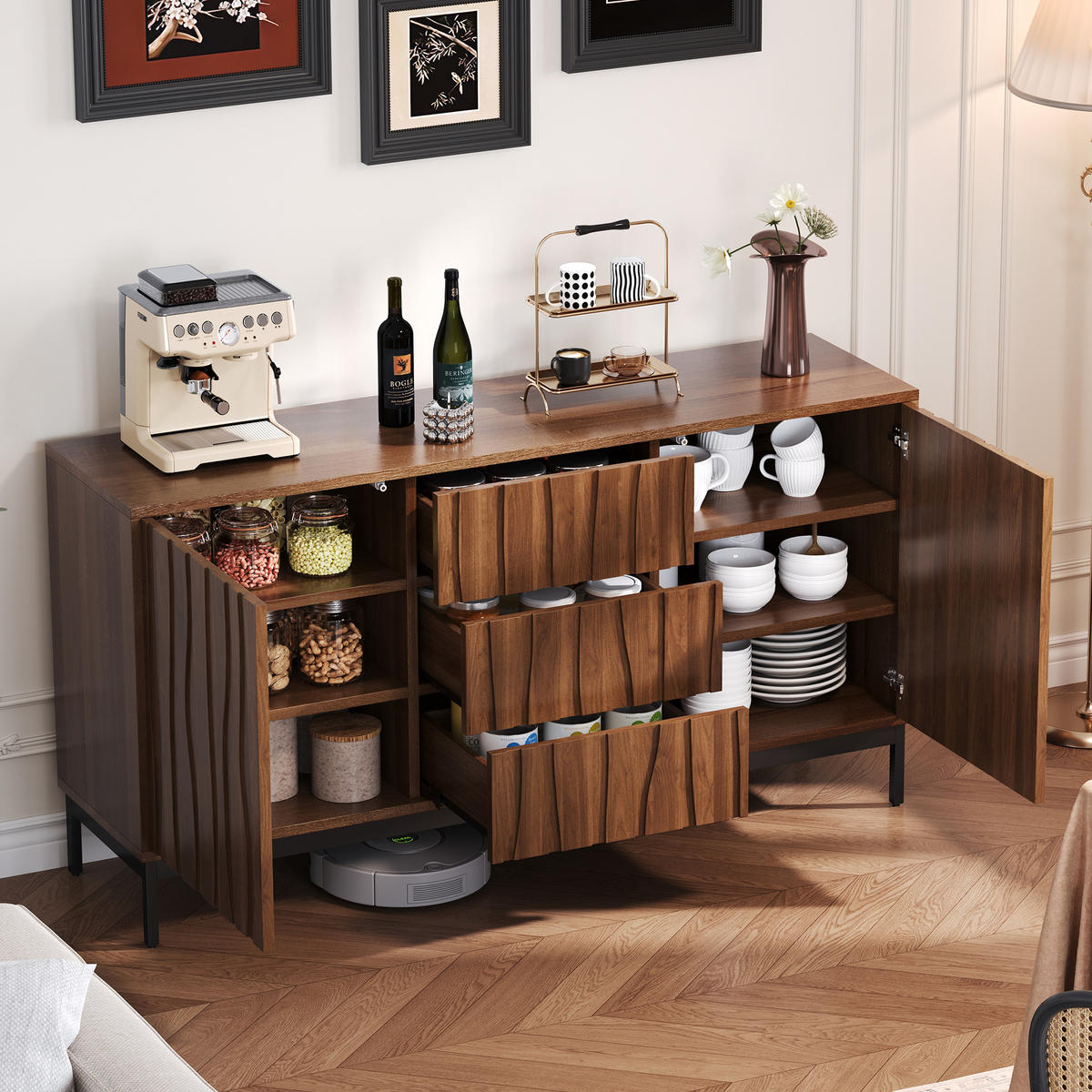 SIDEBOARD mit verstellbaren Regalen und Metallbeinen - Braun, Holzwerkstoff (150/80/40cm) - Urban Meuble