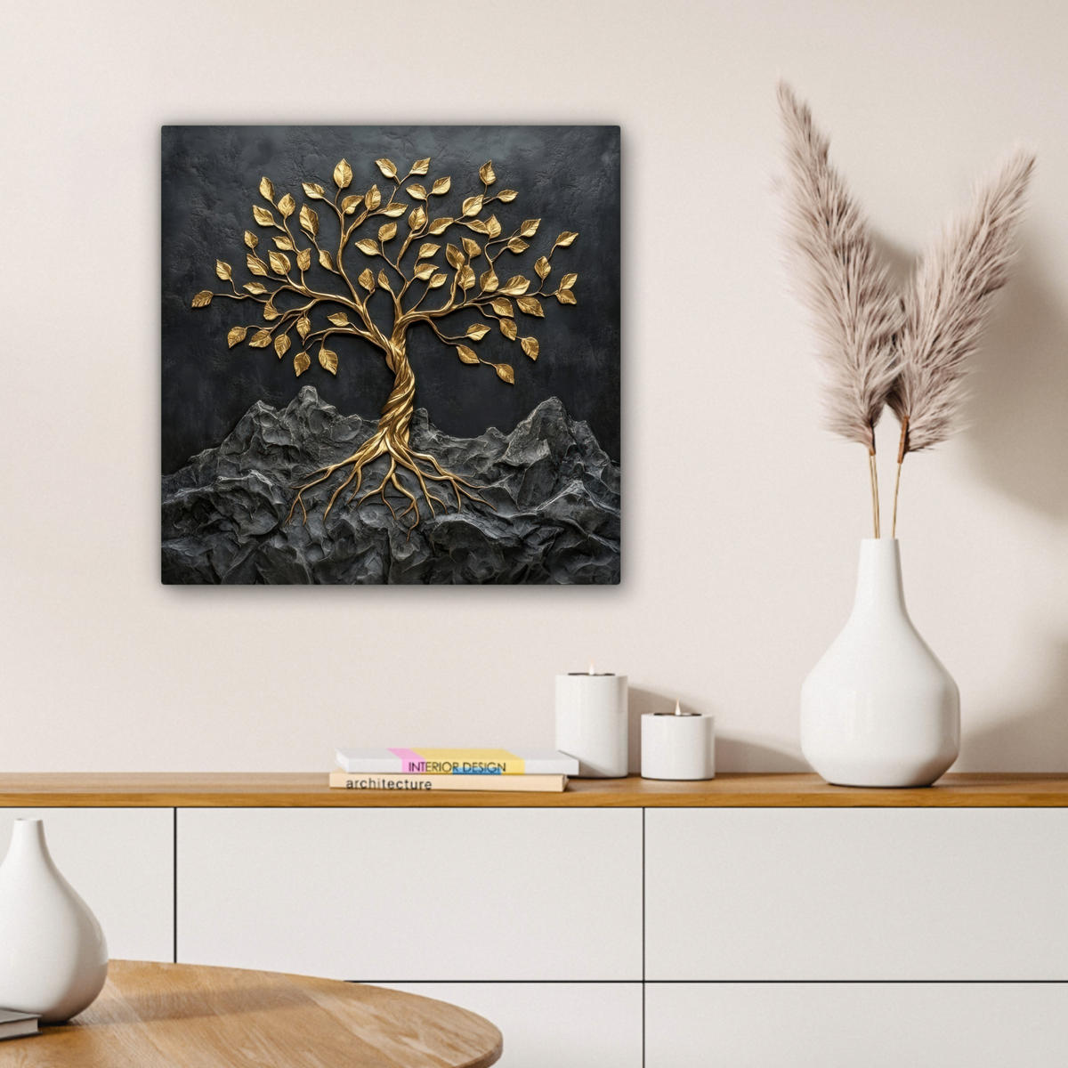 LEINWANDBILD Blätter - Gold - Baum - Fels Wandbild Wohnzimmer 50x50 cm - Schwarz, Textil (50/50cm) - MuchoWow