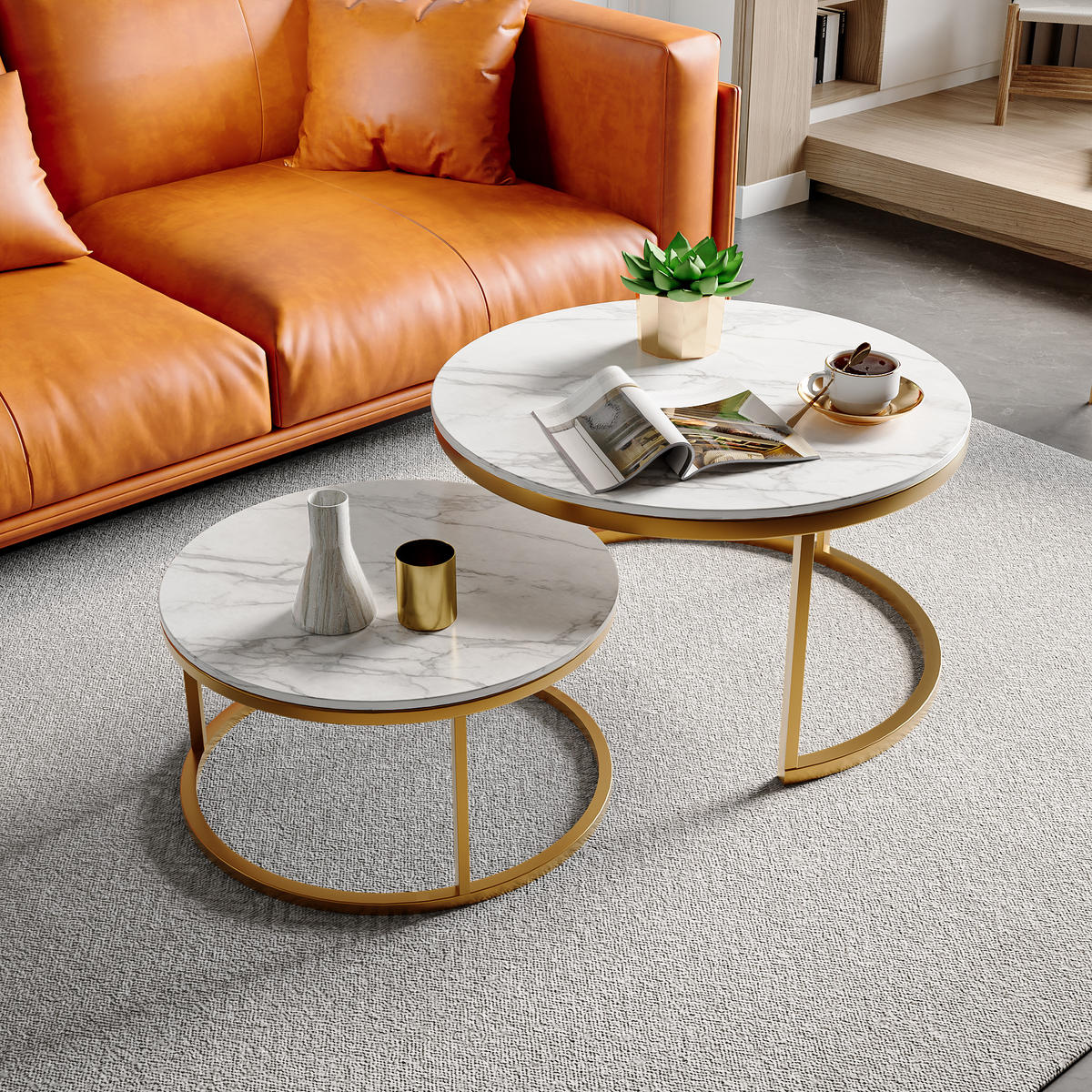 COUCHTISCH 2er Set rund, Satztisch mit Marmoroptik Gold - Goldfarben, Metall (80/80/45cm) - PARAFTA HOME